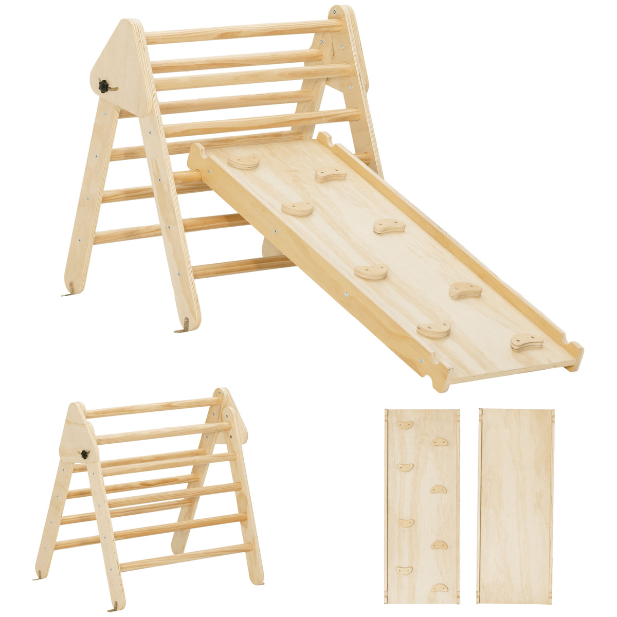 Gioco da Arrampicata con Triangolo e Pannello Scivolo ed Arrampicata, per Bambini 18-48 Mesi, Color Legno