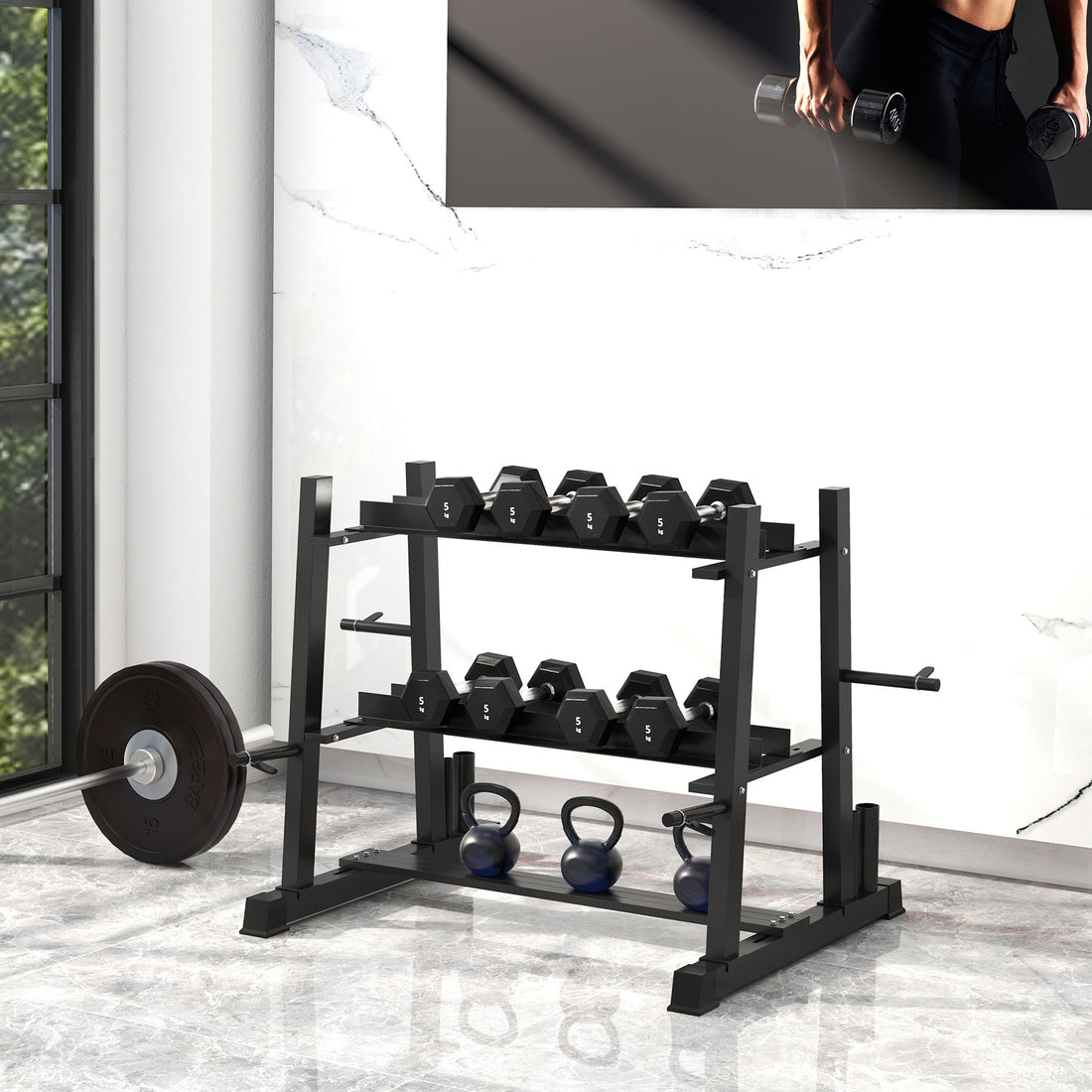 Rastrelliera per Manubri in Acciaio con 4 Aste Regolabili per Pesi e Kettlebell, 131x75x80 cm, Nero