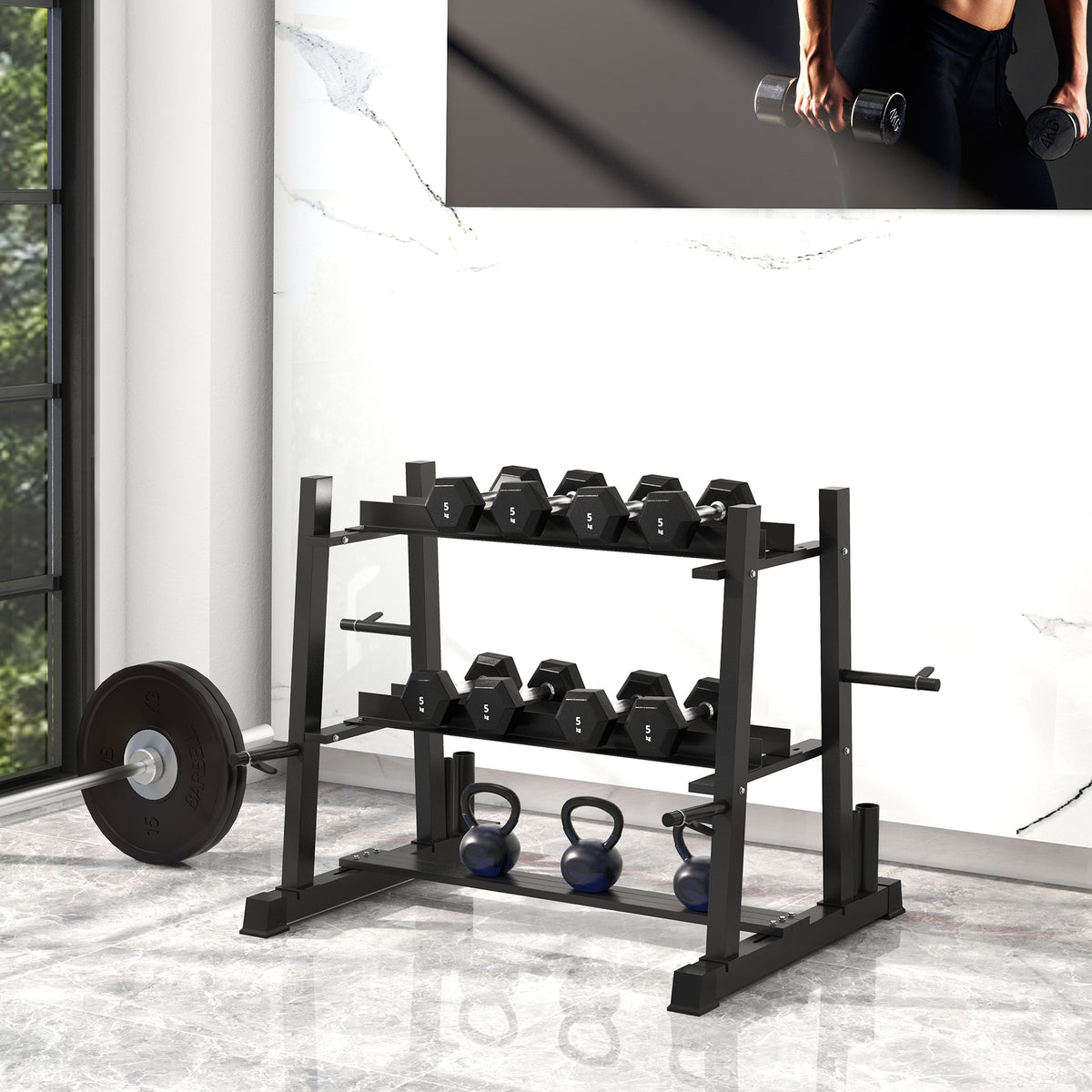 Rastrelliera per Manubri in Acciaio con 4 Aste Regolabili per Pesi e Kettlebell, 131x75x80 cm, Nero