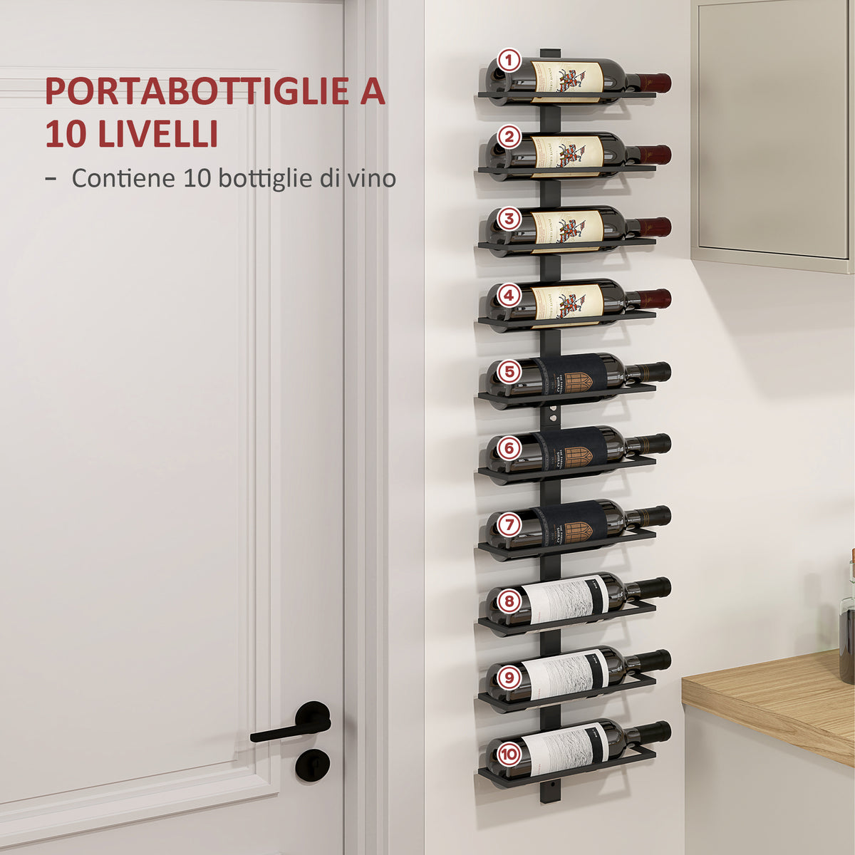 Portabottiglie da Parete a 10 Ripiani in Acciaio Nero per 10 Bottiglie,, 27x10x116 cm