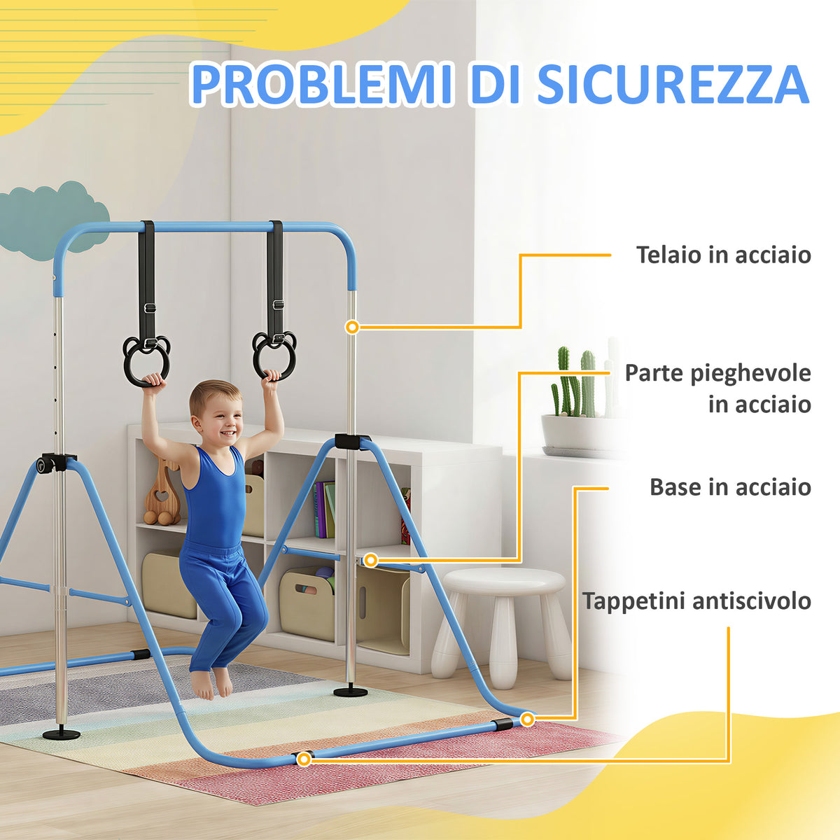Sbarra Ginnastica Artistica per Bambini ad Altezza Regolabile con 2 Anelli, in Acciaio, 148x105x88-128 cm, Blu