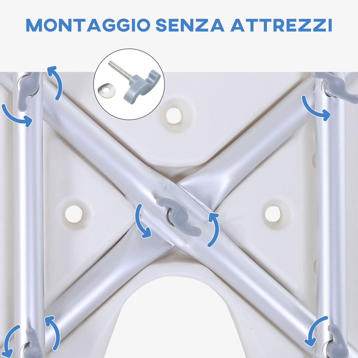 Sedia Doccia Regolabile su 8 Livelli con Fori di Drenaggio, in Alluminio e PE, 48x42x71-83.5 cm, Bianco e Argento