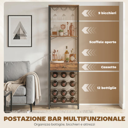 Mobile Bar, Mobile da Bar con Cassetto, Portabicchieri, Marrone Rustico