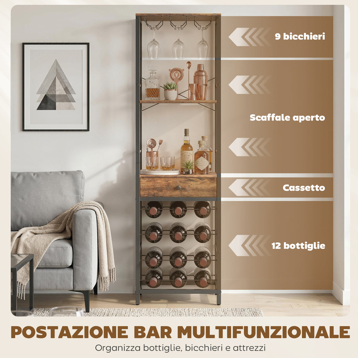 Mobile Bar, Mobile da Bar con Cassetto, Portabicchieri, Marrone Rustico
