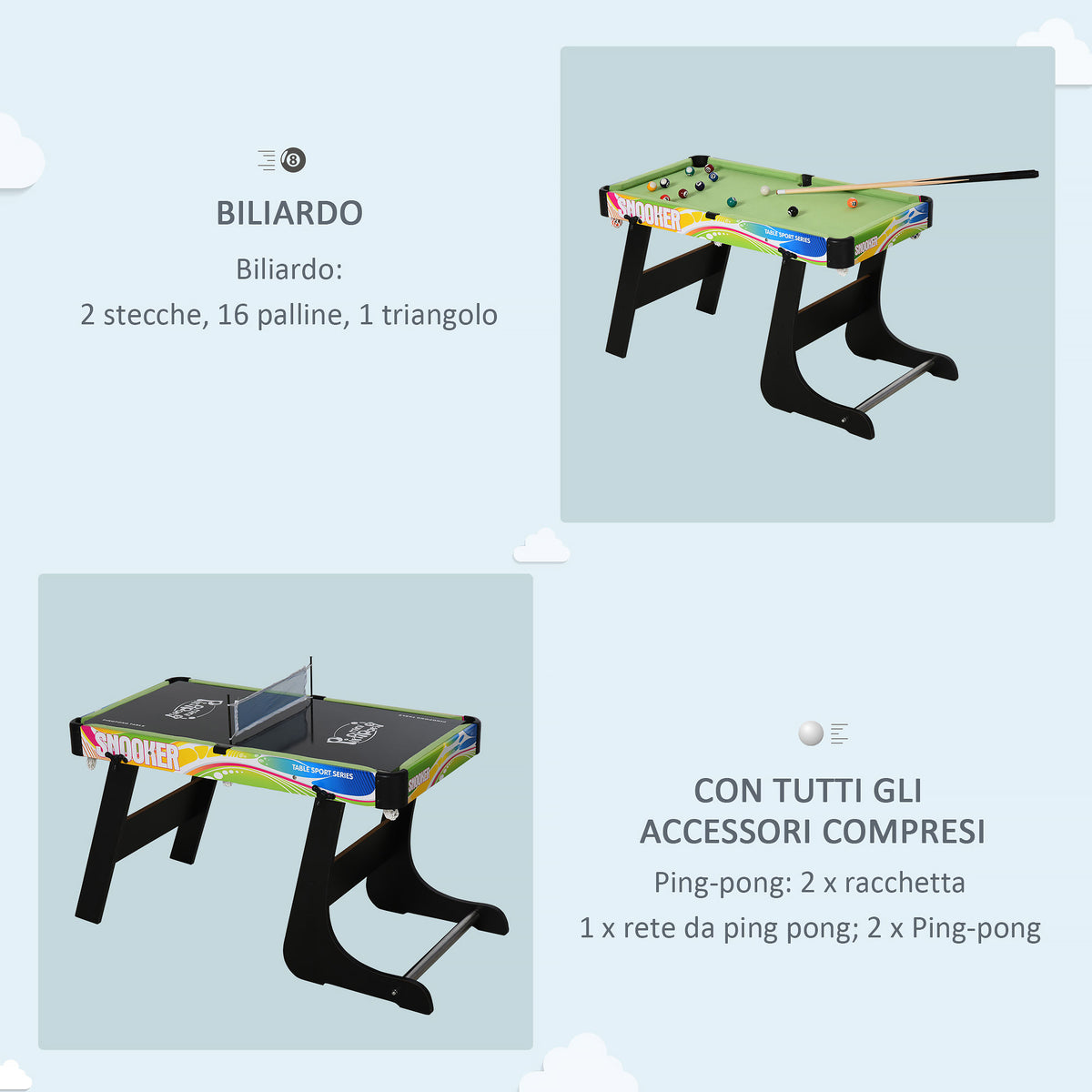 Tavolo da Gioco 4 in 1 Pieghevole per Calcio-Balilla, Biliardo, Air Hockey e Ping Pong, in MDF e Plastica