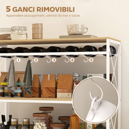Carrello Portavivande a 4 Livelli con Portabottiglie e 5 Ganci Rimovibili, in Legno e Metallo, 96.5x38x96.7 cm