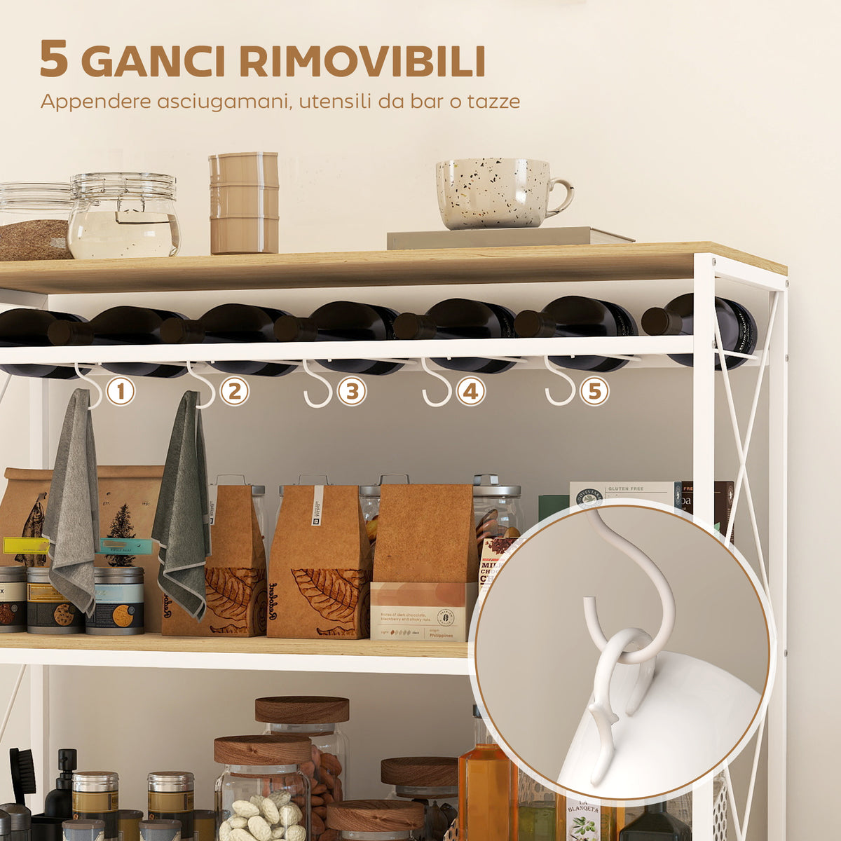 Carrello Portavivande a 4 Livelli con Portabottiglie e 5 Ganci Rimovibili, in Legno e Metallo, 96.5x38x96.7 cm
