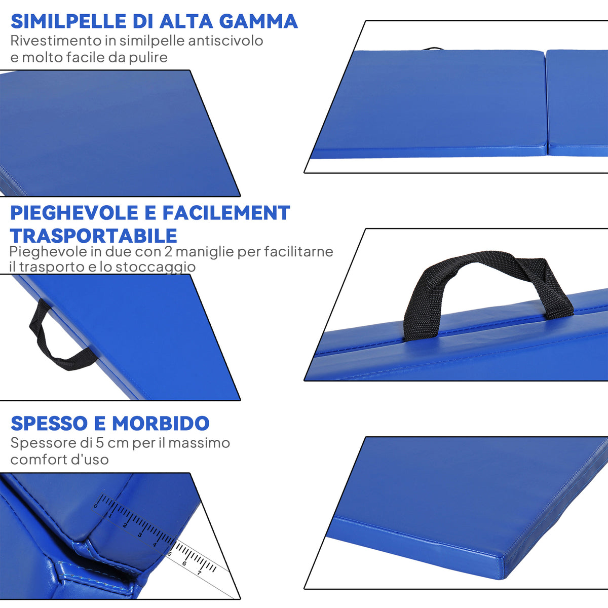 Tappetino da Ginnastica Pieghevole, Materassino Fitness Spesso 5 cm e Antiscivolo, 180x60x5 cm, Blu