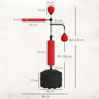 Sacco Boxe da Terra 4 in 1 con 2 Speedball, Barra Girevole e Sacco, Altezza Regolabile da 160-230cm, Rosso