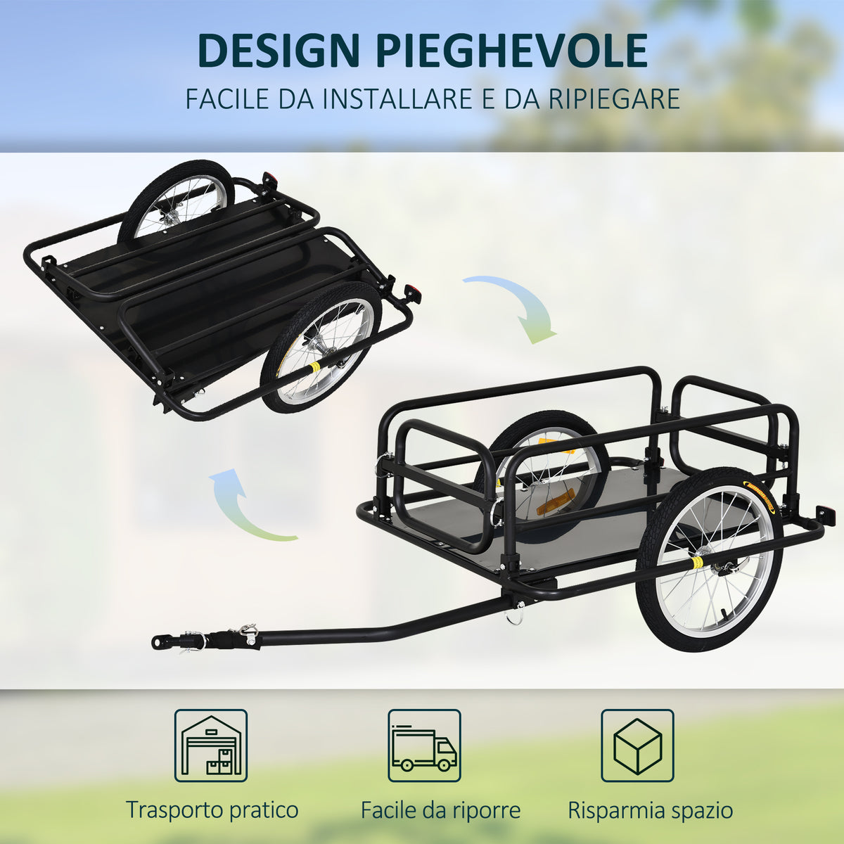 Carrello Bici con Pareti Pieghevoli, Gancio e 4 Catarifrangenti, in Acciaio e PE, 139x71.5x49 cm, Nero