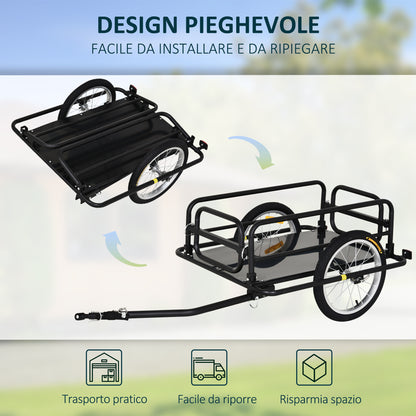 Carrello Bici con Pareti Pieghevoli, Gancio e 4 Catarifrangenti, in Acciaio e PE, 139x71.5x49 cm, Nero