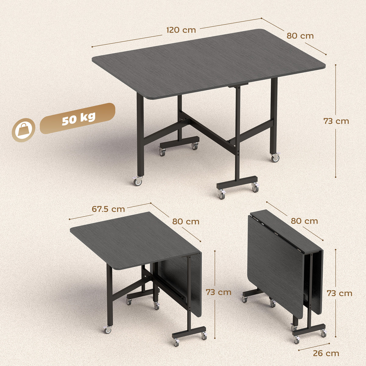 Tavolo Pieghevole per 4-6 Persone con 2 Ribalte e Ruote con Freno, 120x80x73 cm, Nero Effetto Legno