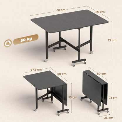 Tavolo Pieghevole per 4-6 Persone con 2 Ribalte e Ruote con Freno, 120x80x73 cm, Nero Effetto Legno