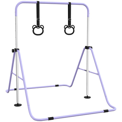 Sbarra Ginnastica Artistica per Bambini ad Altezza Regolabile con 2 Anelli, in Acciaio, 148x105x88-128 cm, Viola