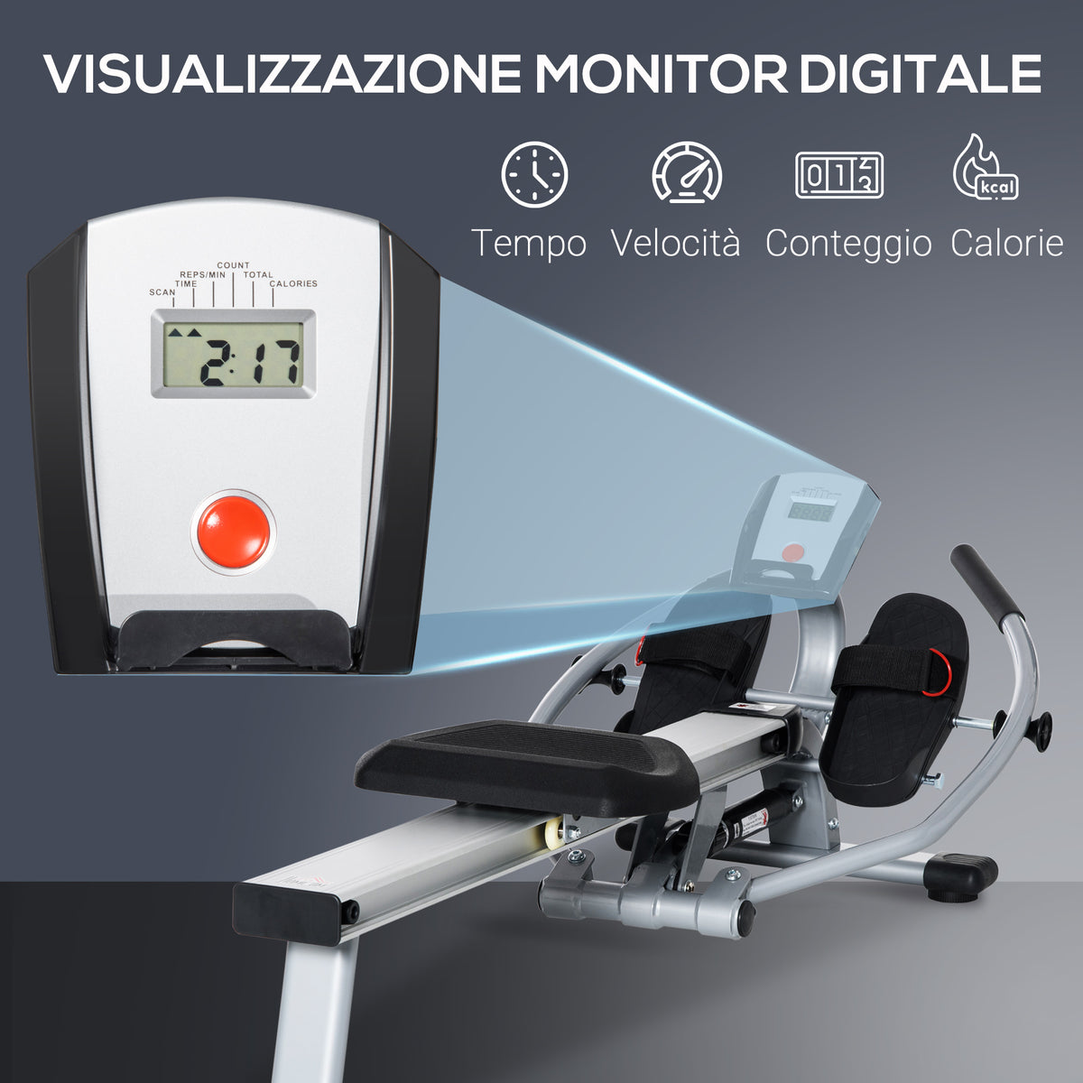 Vogatore a 12 Resistenze con Monitor Digitale e Struttura in Alluminio, Acciaio e ABS, 160x61x50 cm