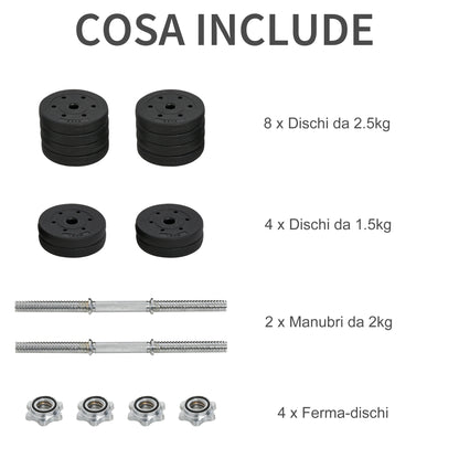 Set Manubri Palestra 30kg (8x2.5 kg, 4x1.5 kg), Pesi Palestra con 12 Dischi e 2 Manubri da 2 kg per Allenamento a Casa, Nero