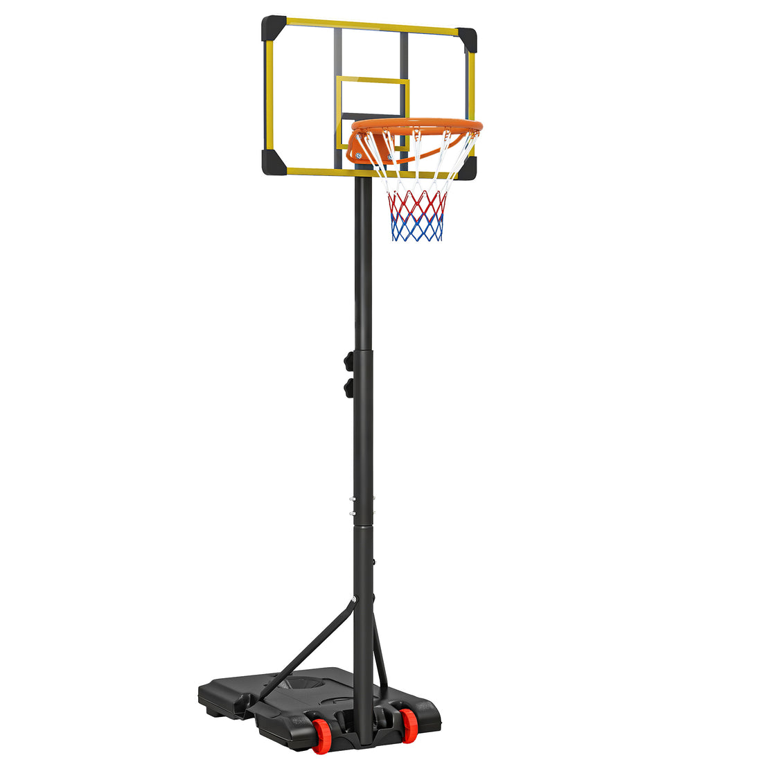 Canestro Basket per Adulti, Altezza Regolabile 2.1-2.4 m, Ruote e Base Riempibile, Giallo