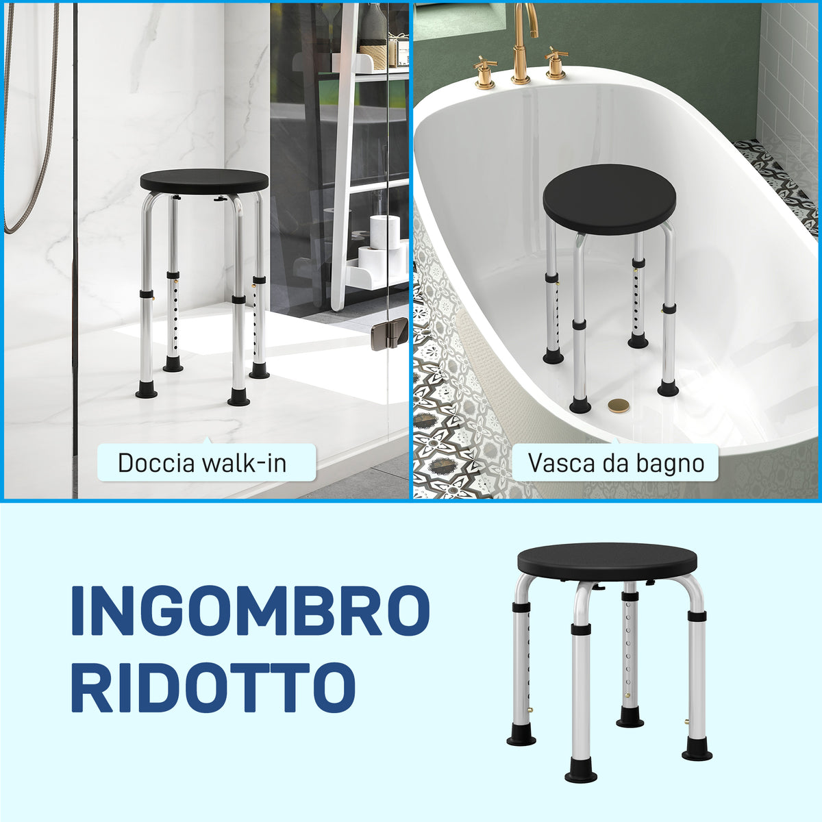 Sgabello da Doccia Antiscivolo e Regolabile su 8 Altezze, in Alluminio e PE, 32.5x41x35.5-54 cm, Nero