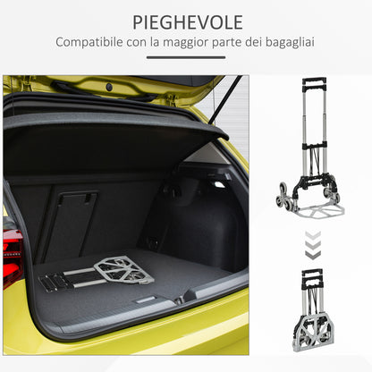 Carrello Portapacchi Pieghevole a 6 Ruote max 70 kg con Fune e Maniglia Estraibile, 47x47x100 cm, Nero e Argento