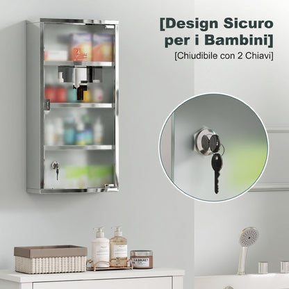 Armadietto Medicinale Cassetta Porta Medicina a Quattro Ripiani in Acciaio Inox 30 x 12 x 60cm