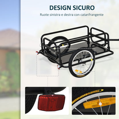 Carrello Bici con Pareti Pieghevoli, Gancio e 4 Catarifrangenti, in Acciaio e PE, 139x71.5x49 cm, Nero