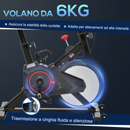 Cyclette da Casa con Resistenza Regolabile, Cyclette Professionale da Camera con Sella e Manubrio Regolabile, Monitor LCD, Sensore Battito Cardiaco Porta Celullare e Volano 6kg, Max.100kg