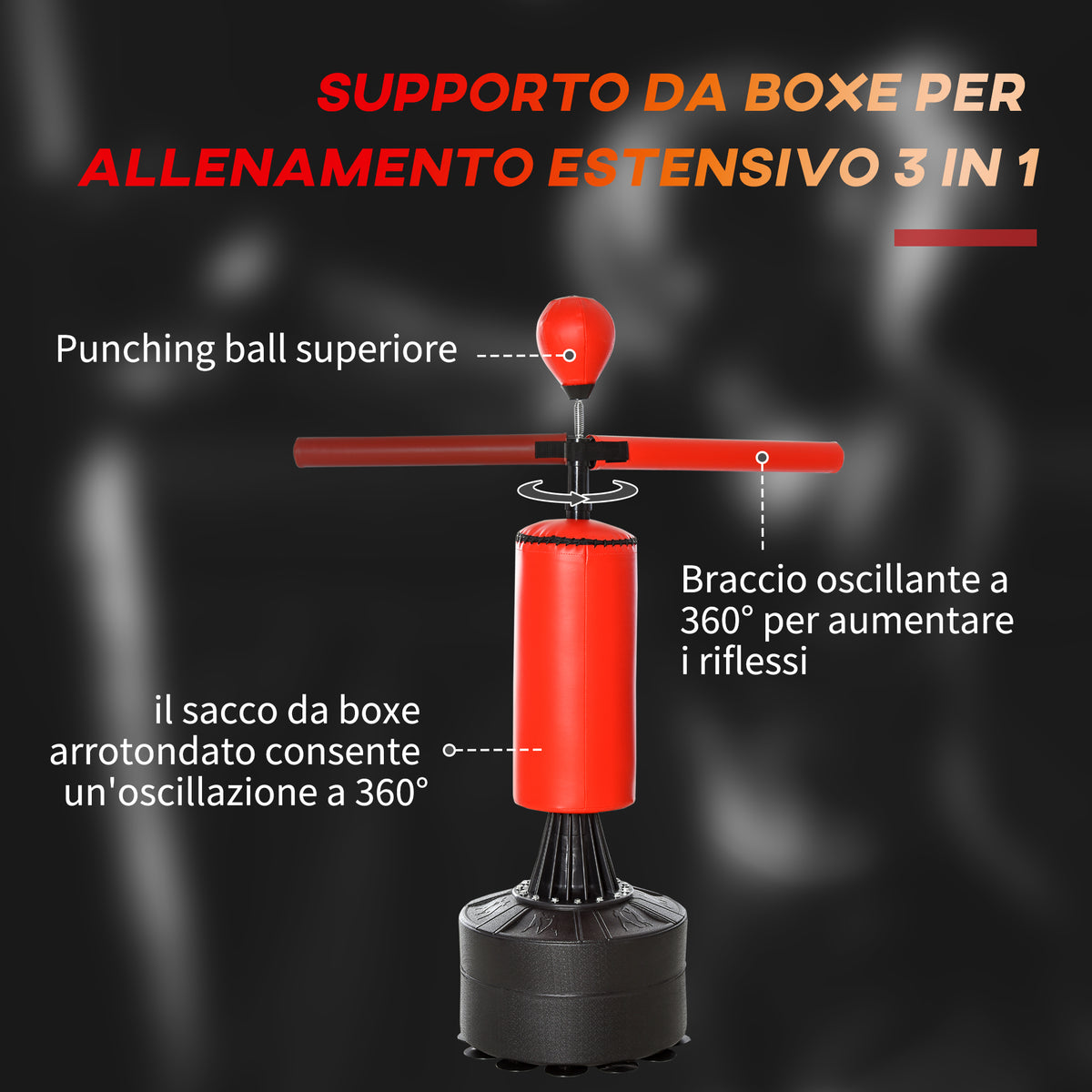 Sacco da Boxe ad Altezza Regolabile con Punching Ball e Base Riempibile, 88x48x155-205 cm, Rosso e Nero