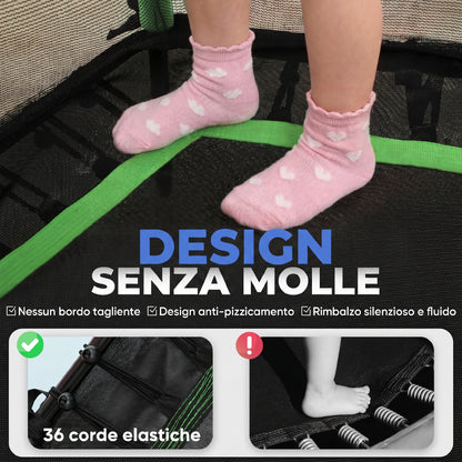 Trampolino Elastico per Bambini 3-10 Anni con Ingresso a Cerniera e Pali Imbottiti, 122x111x190 cm, Verde