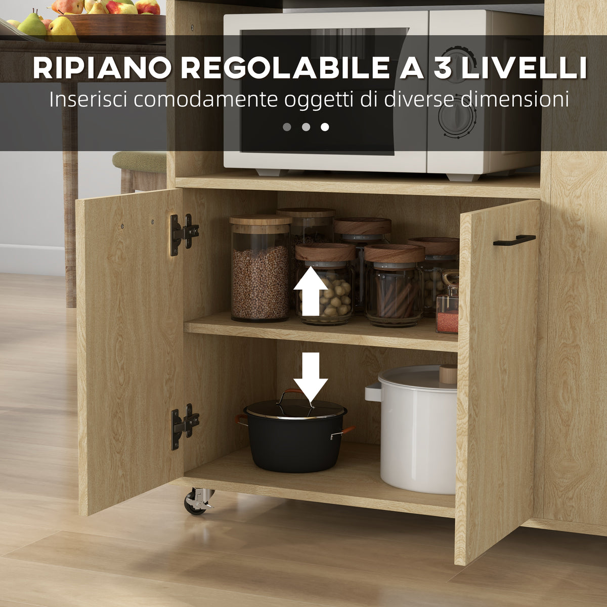 Carrello da Cucina in Truciolato con Ripiano Aperto, Armadietto a 2 Ante e Scaffale Laterale, 75x40x80.5 cm