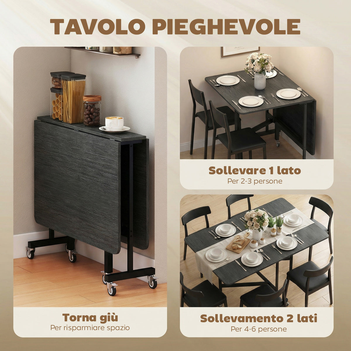 Tavolo Pieghevole per 4-6 Persone con 2 Ribalte e Ruote con Freno, 120x80x73 cm, Nero Effetto Legno