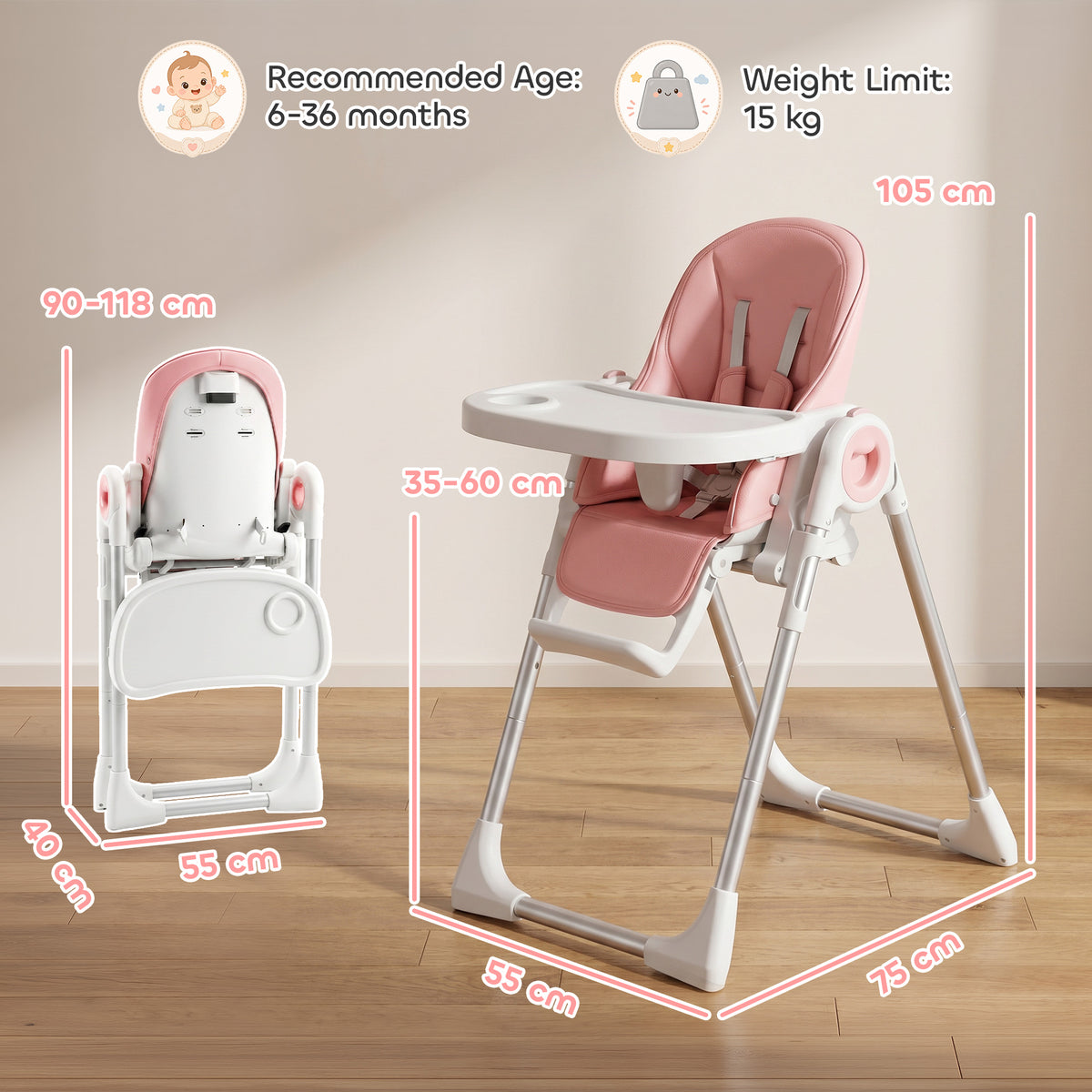 Seggiolone Pappa Pieghevole per Bambini 6-36 Mesi con Altezza Regolabile, Doppio Vassoio Lavabile, Ruote, Rosa