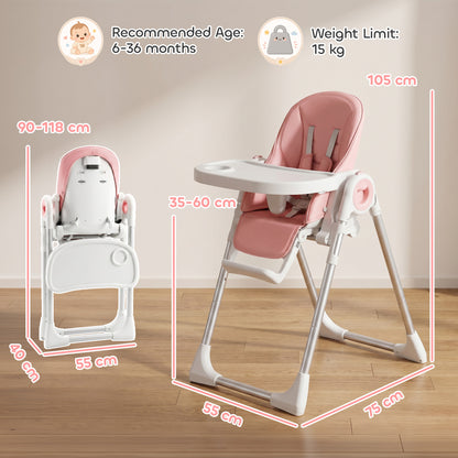 Seggiolone Pappa Pieghevole per Bambini 6-36 Mesi con Altezza Regolabile, Doppio Vassoio Lavabile, Ruote, Rosa