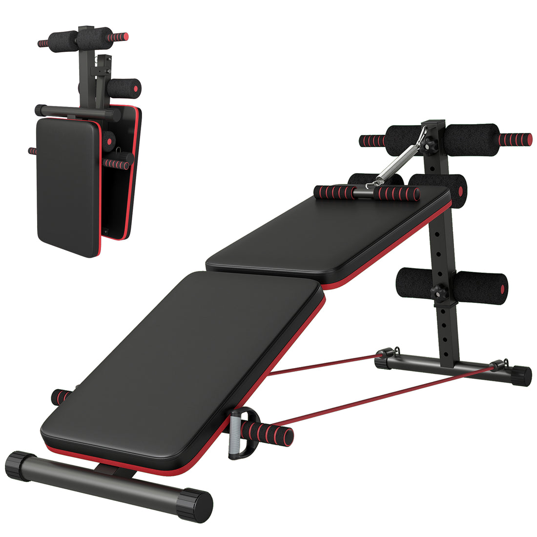 Panca per Addominali Pieghevole e Regolabile con Vogatore e 2 Corde, in Acciaio 51x137x50-66 cm, Nera e Rossa