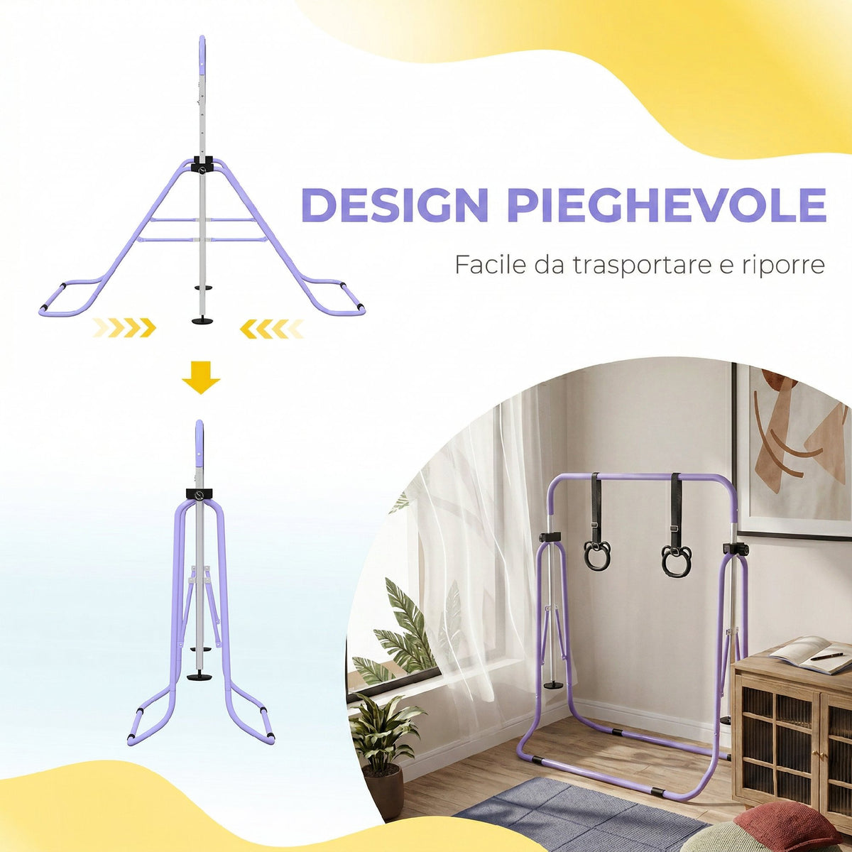 Sbarra Ginnastica Artistica per Bambini ad Altezza Regolabile con 2 Anelli, in Acciaio, 148x105x88-128 cm, Viola