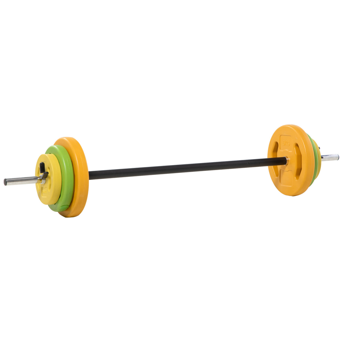 Set Bilanciere e Dischi da 20 kg totali Antiscivolo con 6 Pesi e 2 Clip di Fissaggio, 28x130 cm, Multicolore