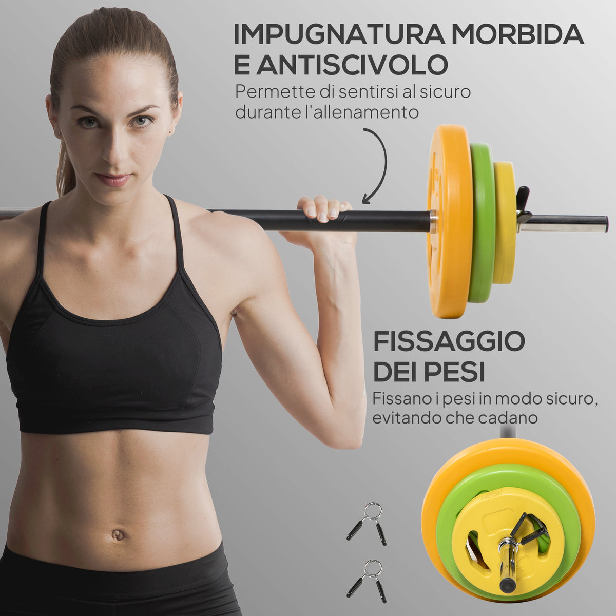 Set Bilanciere e Dischi da 20 kg totali Antiscivolo con 6 Pesi e 2 Clip di Fissaggio, 28x130 cm, Multicolore
