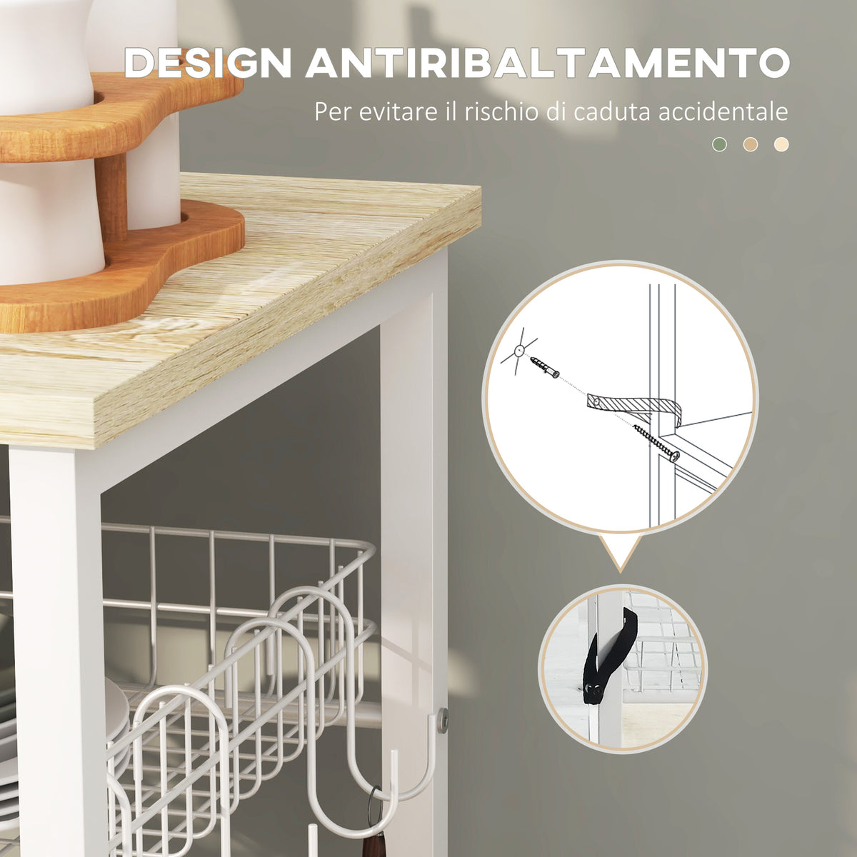 Mobile Cucina Moderno a 4 Ripiani con Cestino e Ganci in Legno e Acciaio, 90x40x84.5cm, Quercia e Bianco