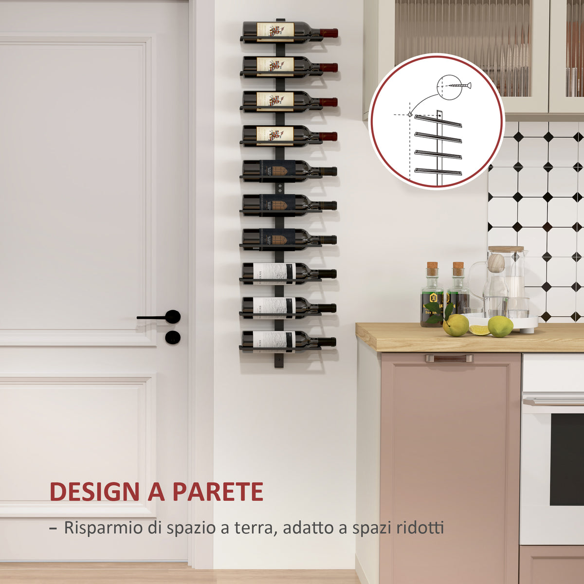 Portabottiglie da Parete a 10 Ripiani in Acciaio Nero per 10 Bottiglie,, 27x10x116 cm