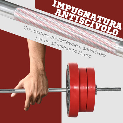 Set Bilanciere e Dischi 65kg totali per Workout in Casa, in Metallo, Sabbia di Ferro e Gomma, Rosso