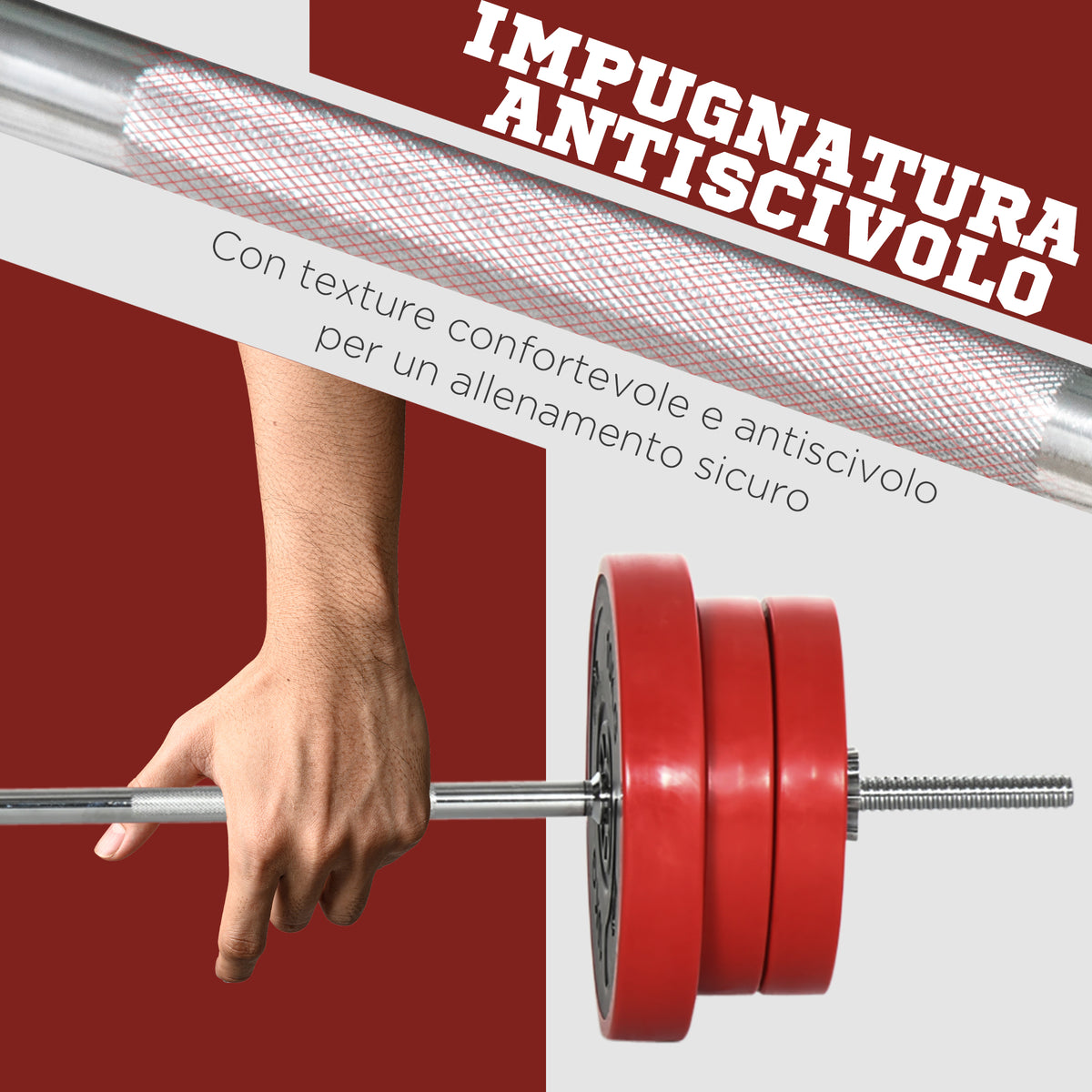 Set Bilanciere e Dischi 65kg totali per Workout in Casa, in Metallo, Sabbia di Ferro e Gomma, Rosso