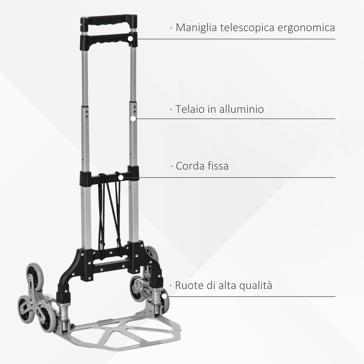 Carrello Portapacchi Pieghevole a 6 Ruote max 70 kg con Fune e Maniglia Estraibile, 47x47x100 cm, Nero e Argento