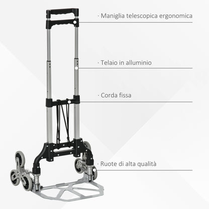 Carrello Portapacchi Pieghevole a 6 Ruote max 70 kg con Fune e Maniglia Estraibile, 47x47x100 cm, Nero e Argento