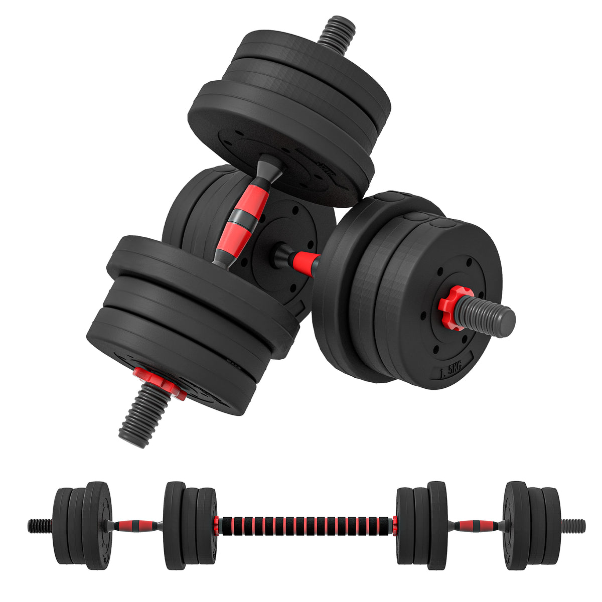 Set 2 Manubri Antiscivolo con 12 Dischi Pesi da 20 kg totali e Connettore, in Acciaio, HDPE e Sabbia, Nero