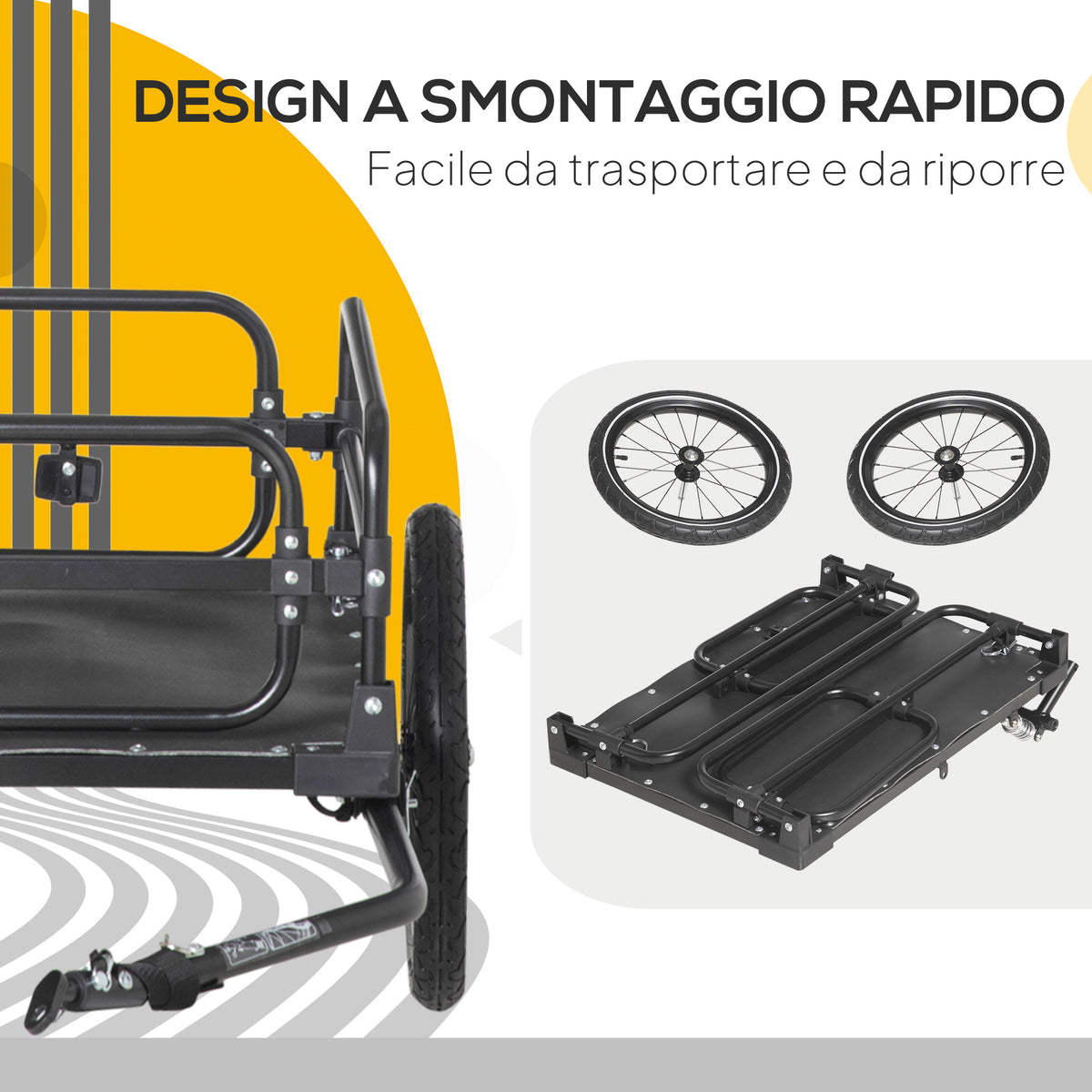 Carrello Bici da 70L con 2 Ruote da 16", 2 Catarifrangenti e Bandierina, in Acciaio e PE, 125x64x53.5 cm, Nero