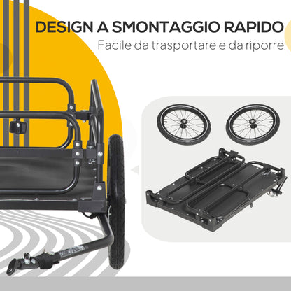 Carrello Bici da 70L con 2 Ruote da 16", 2 Catarifrangenti e Bandierina, in Acciaio e PE, 125x64x53.5 cm, Nero