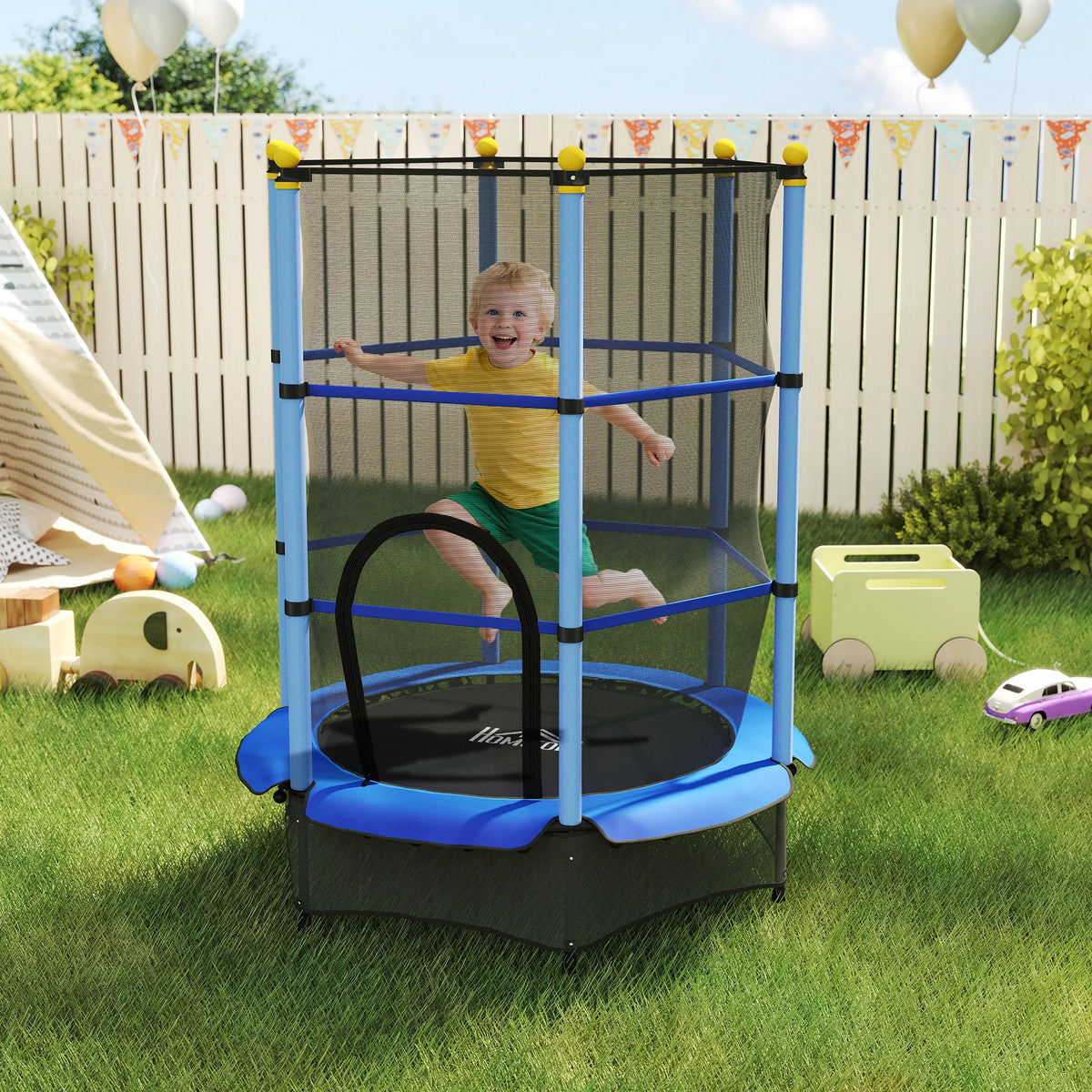 Tappeto Elastico per Bambini con Rete di Sicurezza e Pali Imbottiti Età 3-10 Anni, 140 x 190 cm, Blu