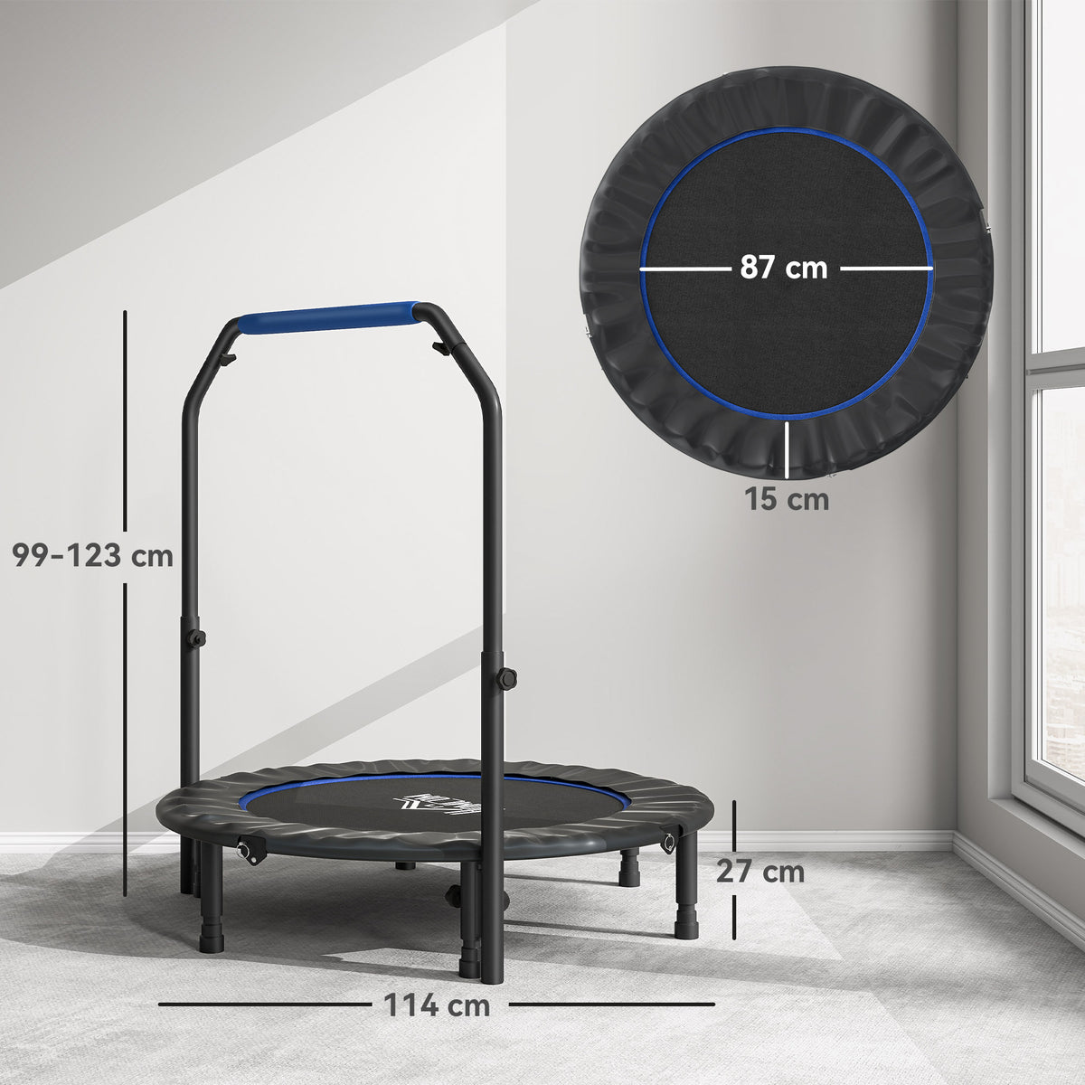 Mini Trampolino Fitness 114 cm Pieghevole con Manubrio Regolabile in Altezza, Blu e Nero