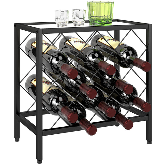 Portabottiglie Vini per 10 Bottiglie in Acciaio Nero con Piano d'Appoggio in Vetro Temperato, 41x22x41 cm