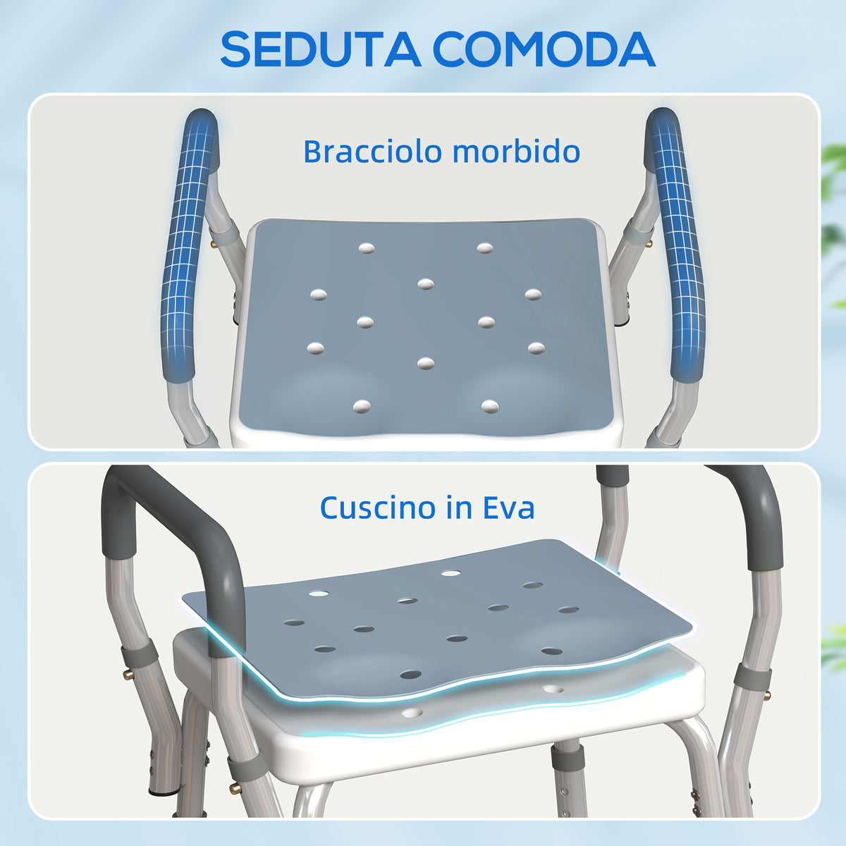 Sgabello per Doccia Regolabile con Braccioli e Fori di Drenaggio, in Alluminio, HDPE e EVA, 52x45x57-69 cm