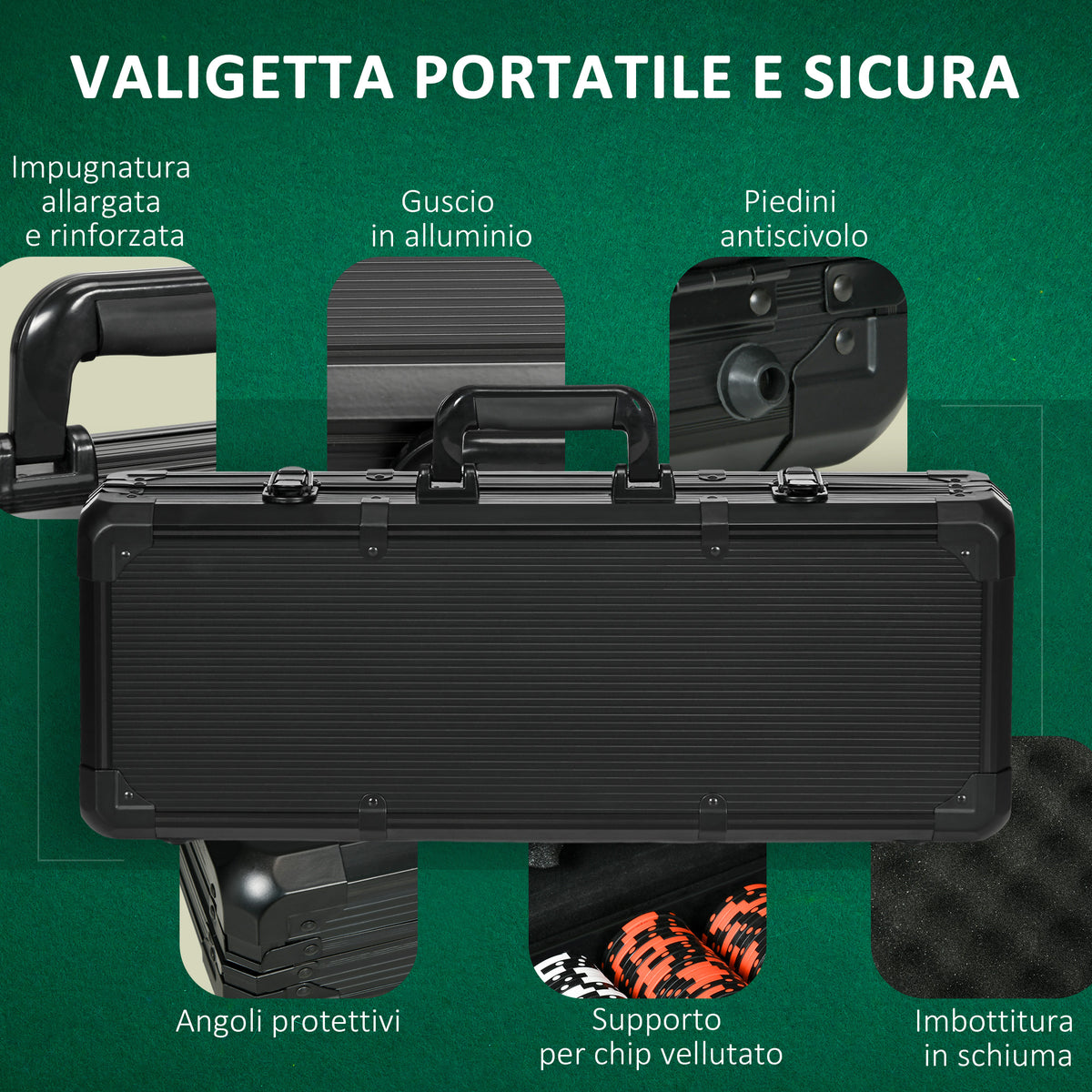 Set Poker con 500 Fiches, 2 Mazzi di Carte, 5 Dadi, Pulsanti e Valigetta Protettiva in Alluminio Nero